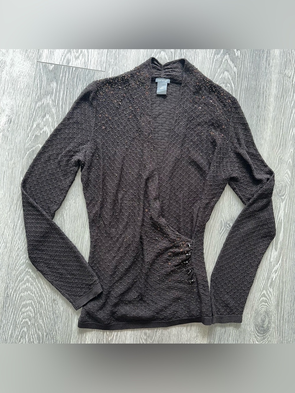 Ann Taylor Premium Silk Cotton Blend Embellished Wrap Knit Top Brown Size Medium